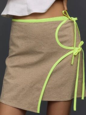 Anthropologie Maeve Beige Skirt with Neon Yellow Trim